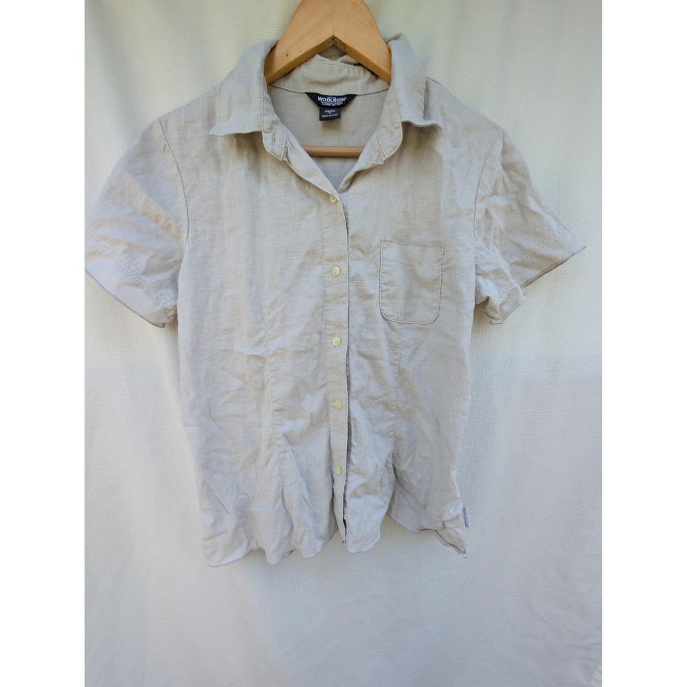 Woolrich Linen Blend Shirt Womens M Stone Beige Short Sleeve Button Up Capsule